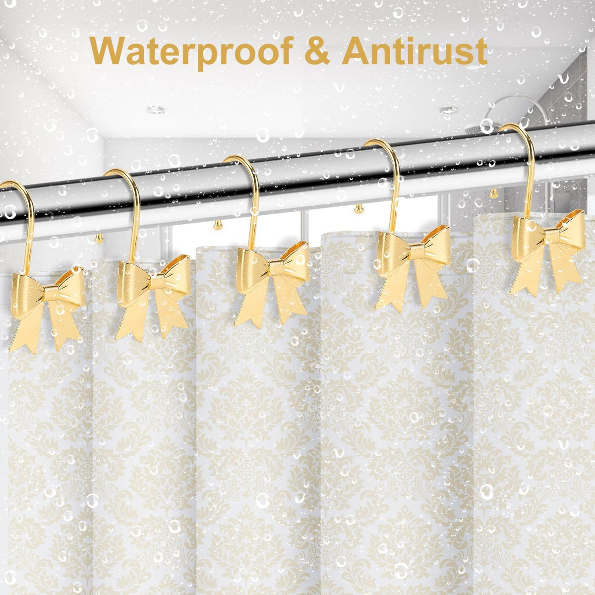 Bow Shower Curtain Hooks, 12-Pack Gold Metal Decorative Bow Knot Rings