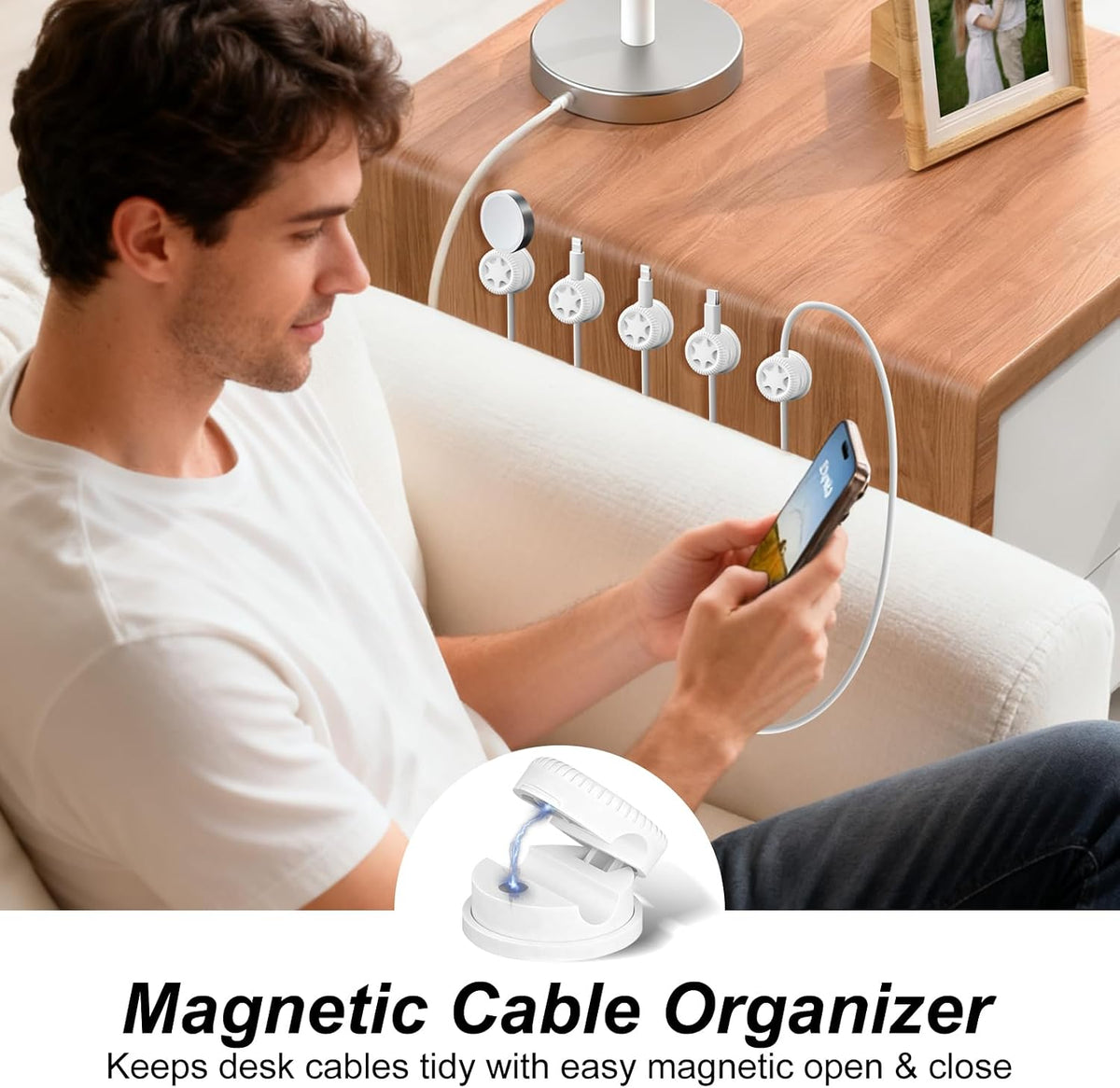 6Pack Cord Organizer Magnetic Cable Clips, 360° Rotation Cable Clips - Adjustable Cord Holder for Nightstand, Adhesive Cable Management Cord Clips, Cable Holder & Charger Organizer（White