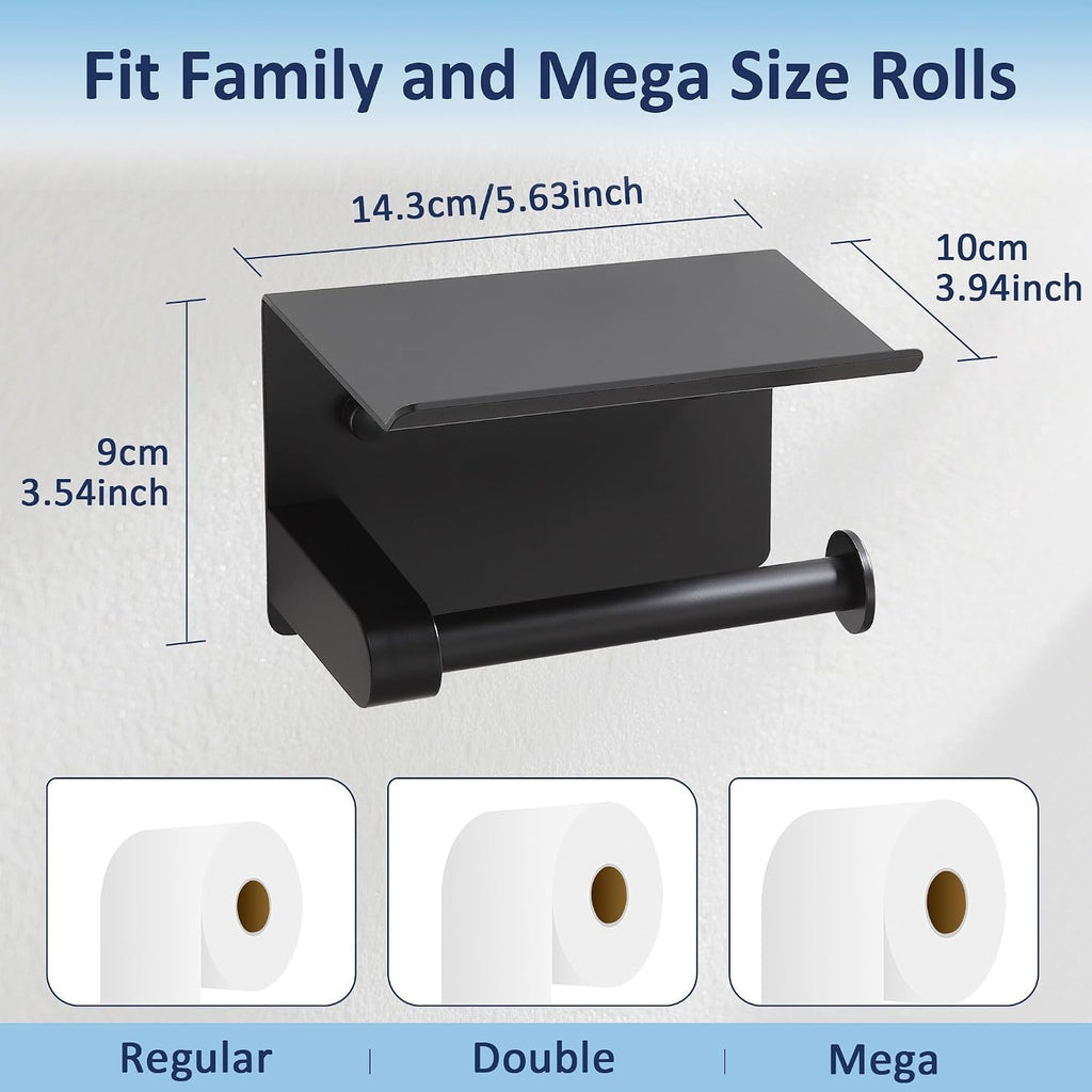 BGL Toilet Paper Holder with Shelf, Matte Black Rustproof Adhesive or Drill Installation Fits Mega Rolls Bathroom Tissue Holder