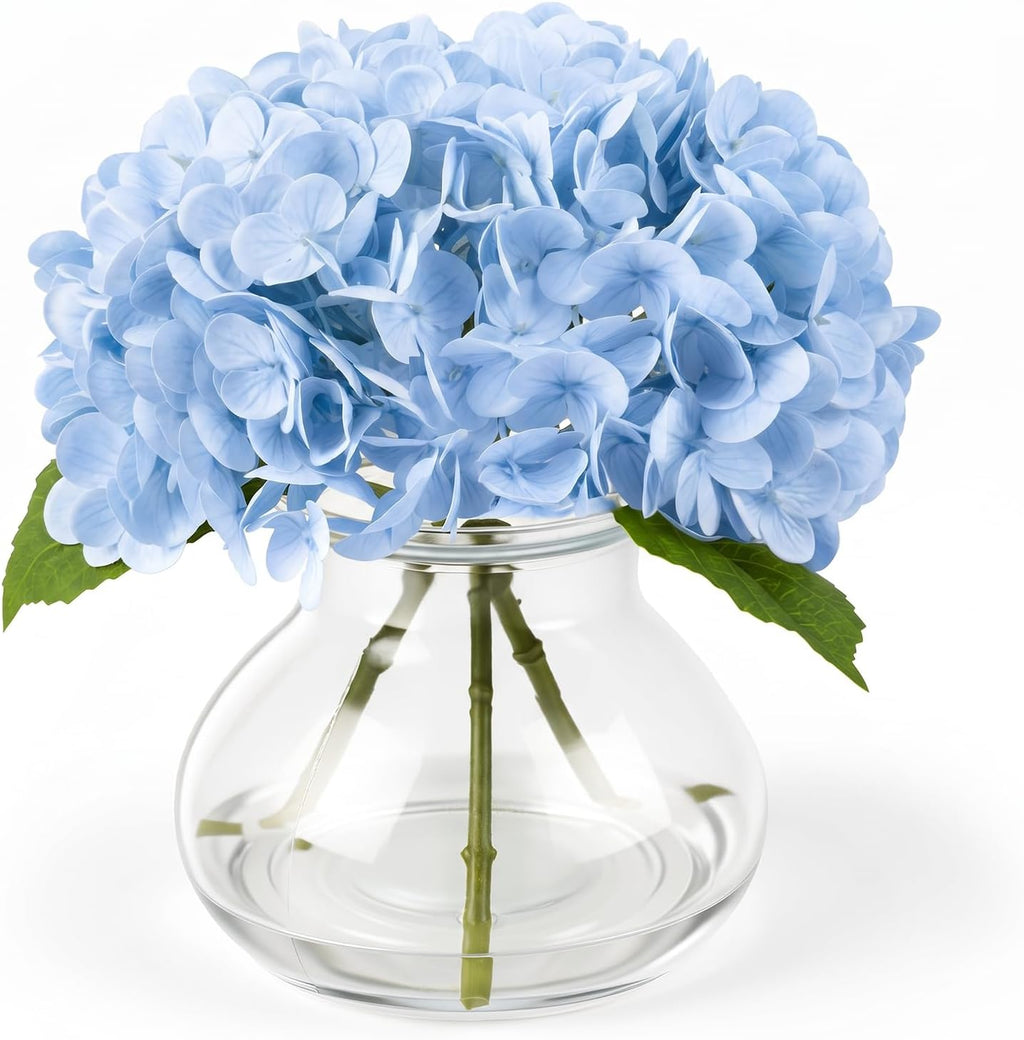 Hydrangea Artificial Flowers with Vase, 3-Head Silk Fake Flowers