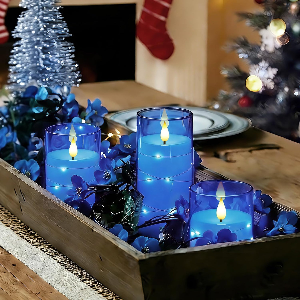 Homemory Flickering Flameless Candles, Blue LED Pillar Candles with Remote