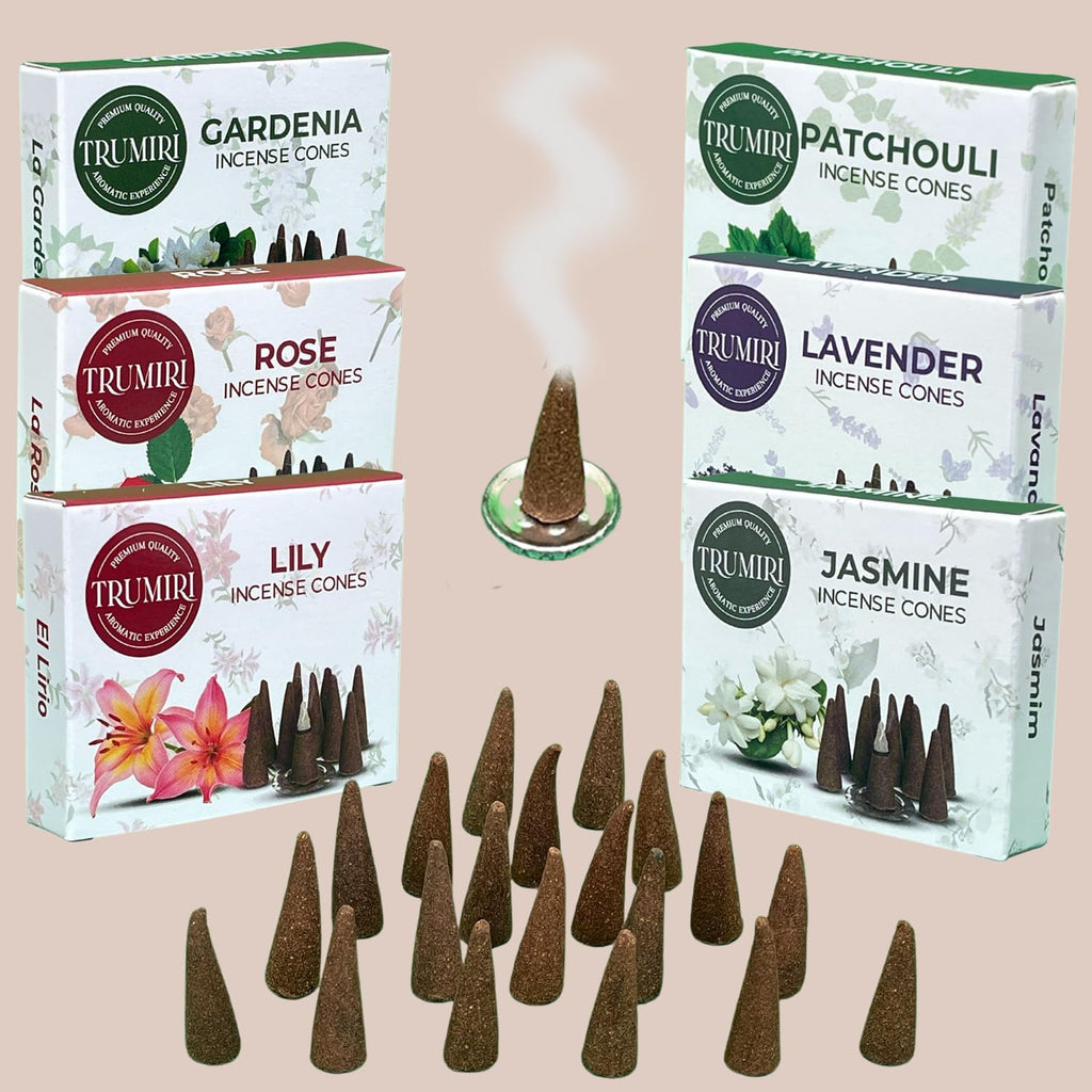 Trumiri Floral Incense Cones - Variety Pack - Total 60 Cone Incense (6 Scents x 10 Conos) - Rose, Lavender, Jasmin, Patchouli, Gardenia, Lily - Cone Incense Scents - Insense Cones - Incent Cone