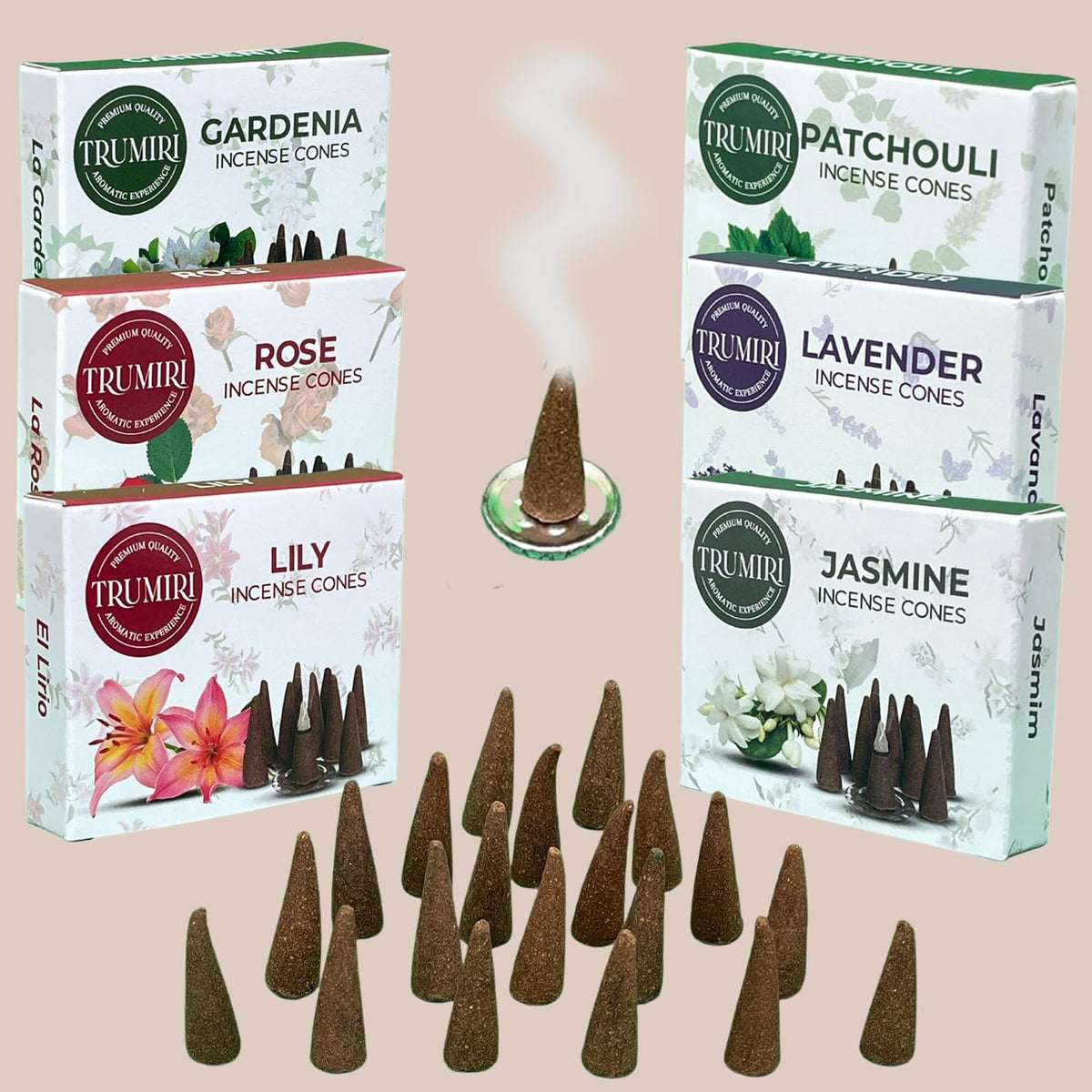 Trumiri Floral Incense Cones - Variety Pack - Total 60 Cone Incense (6 Scents x 10 Conos) - Rose, Lavender, Jasmin, Patchouli, Gardenia, Lily - Cone Incense Scents - Insense Cones - Incent Cone