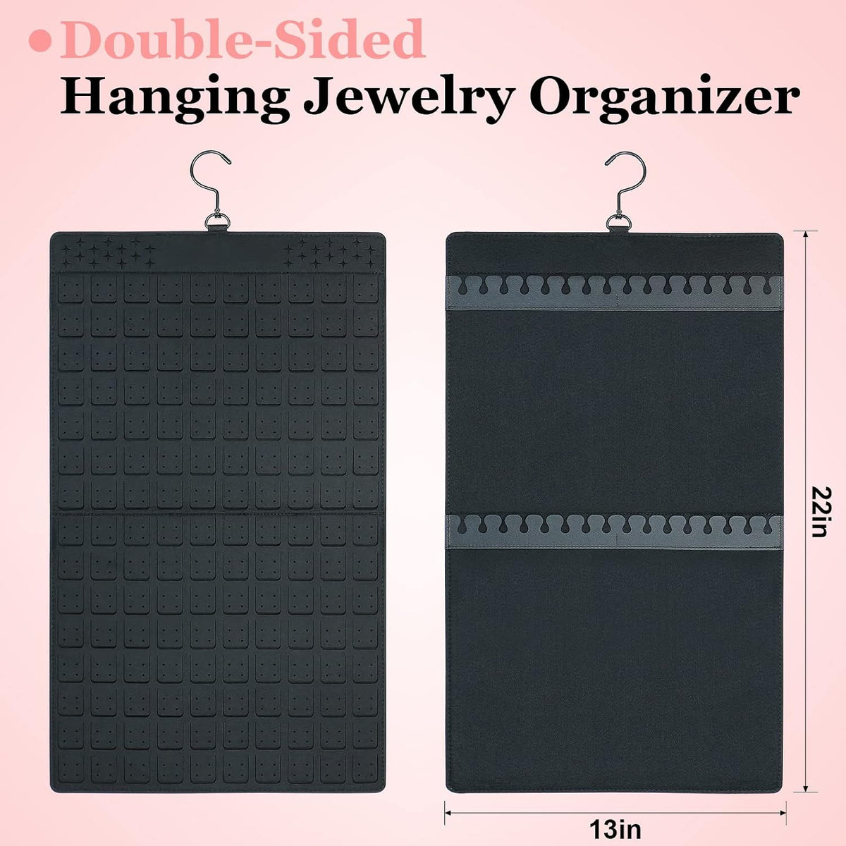Earring and Necklace Organizer, Dual Sided Hanging Jewelry Organizer with Hanger for Closet,Over Door Large Capacity Holder 300 Earrings+30 Necklaces, Sturdy Felt Material,Gift Ready,1 Pack
