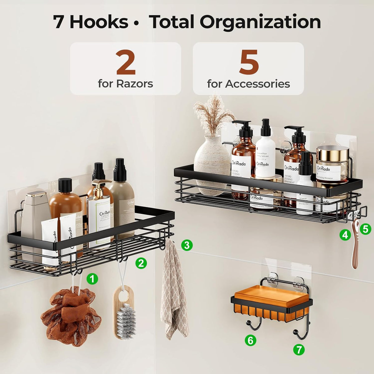 Orimade Adhesive Shower Caddy Soap Dish Holder Shelf with 5 Hooks Bathroom Organizer Basket Kitchen Storage Rack Wall Mounted No Drilling Stainless Steel - 3 Pack, Black