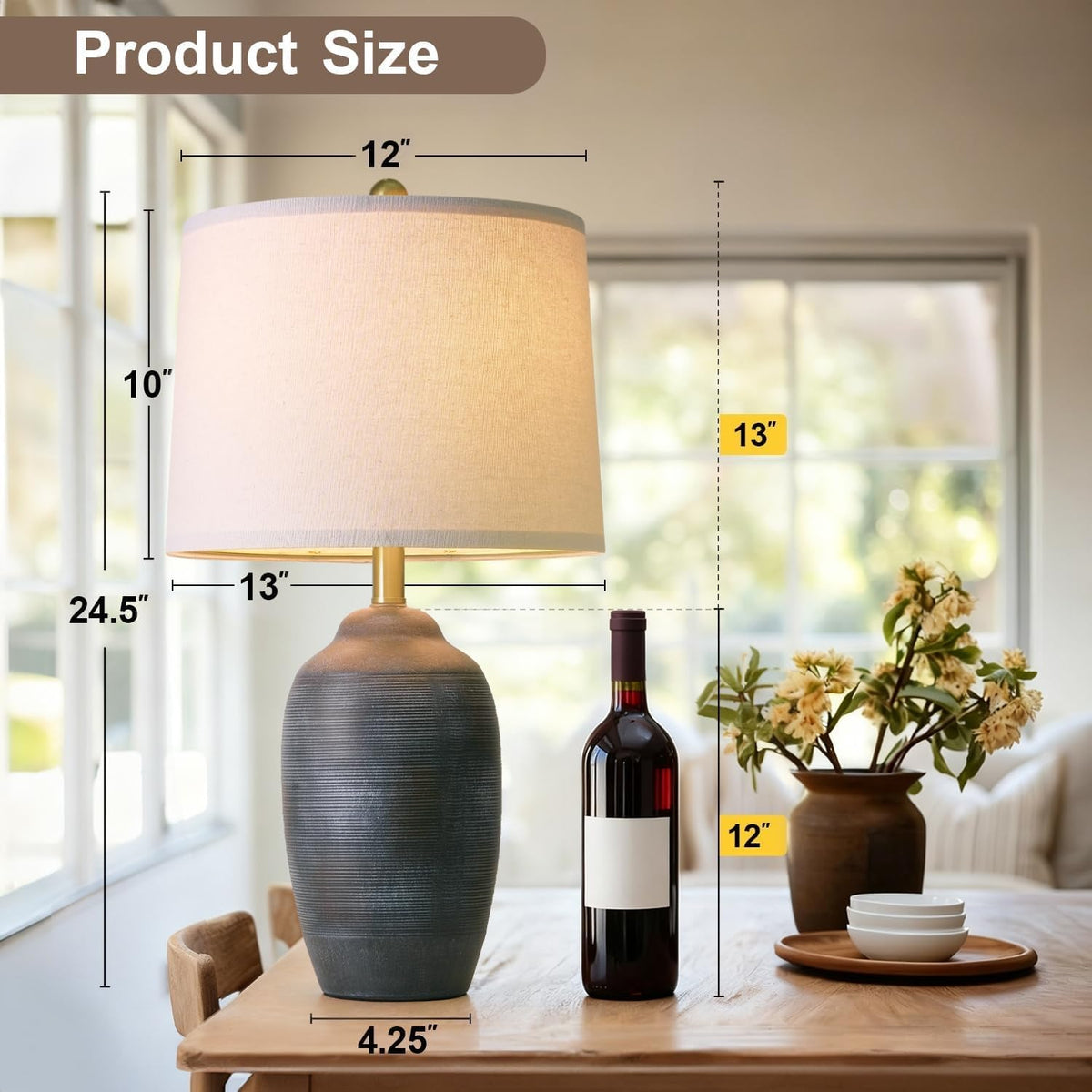 USumkky 24.5" Vintage Ceramic Table Lamp with 5FT Cord- Single Farmhouse Rustic Bedside Lamp with Natural Textured Finish, Nightstand Lamps for Bedroom, Living Room, End Table, Office Retro Black
