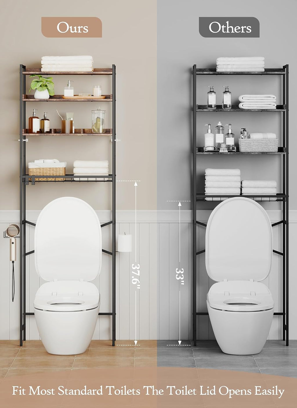 Quikraen 4 Tier Over The Toilet Storage Shelf with 3 Adjustable Shelves, Space Saver Bathroom Organizer with 4 Hooks, Freestanding Above Toilet Rack for Restroom Laundry (Brown)