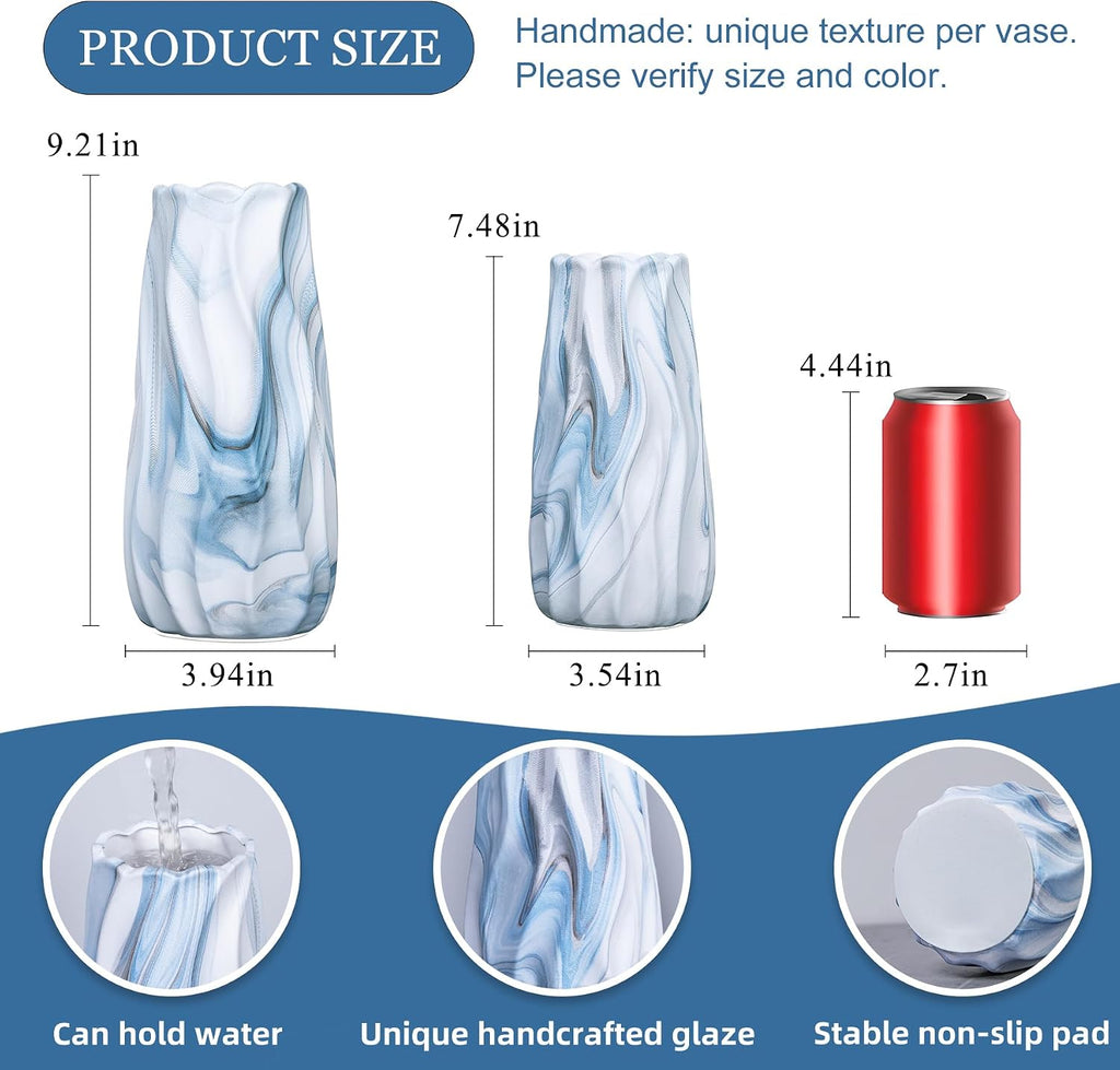 Ceramic Vase Set of 2, Blue and White Wave Vases Coastal Decor