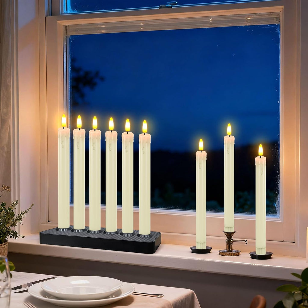 HL Rechargeable Flameless Taper Candles with Charging Base, 6 Pack LED Window Candles, Flickering Battery Operated with Remote Timer, Flameless Candlesticks for Halloween Christmas Decorations (Ivory)