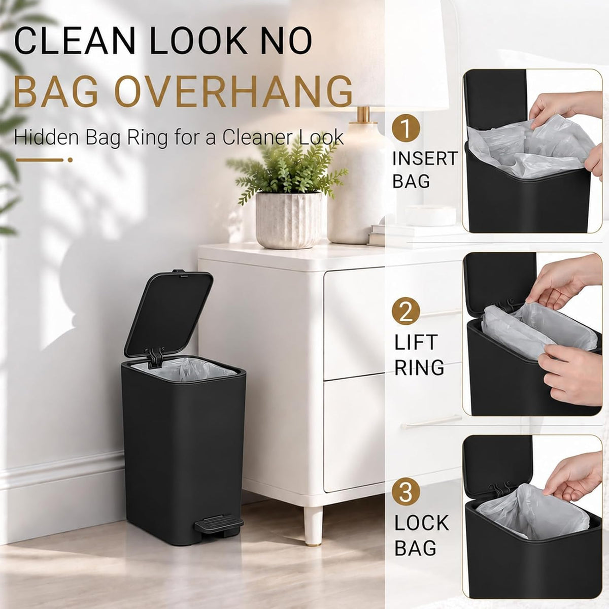 Small Bathroom Trash Can with Lid, Slim Garbage Can, 2.1 Gallon, Black