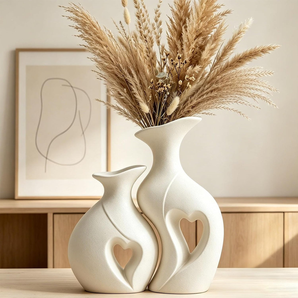 Heart Shaped Ceramic Vases Wabi Sabi Boho Flower Vase Set (White)