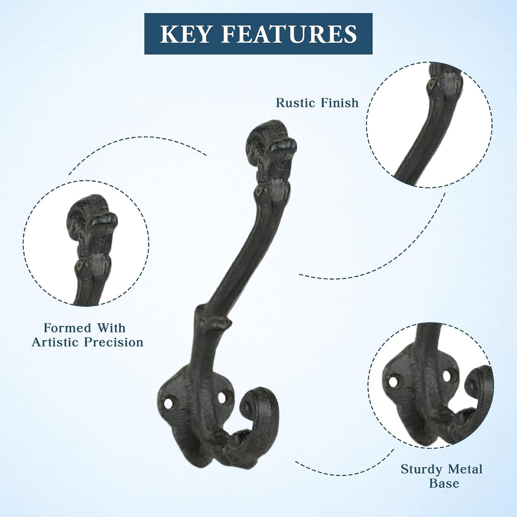 The Metal Magician Wall Mounted Antique Cast Iron Vintage Style Wall Hooks for Coats, Bags, Towels, Hats - (Set of 3) Black