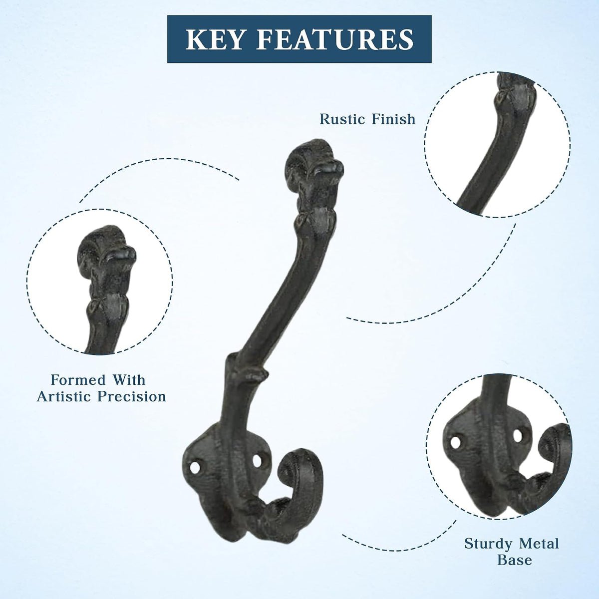 The Metal Magician Wall Mounted Antique Cast Iron Vintage Style Wall Hooks for Coats, Bags, Towels, Hats - (Set of 3) Black
