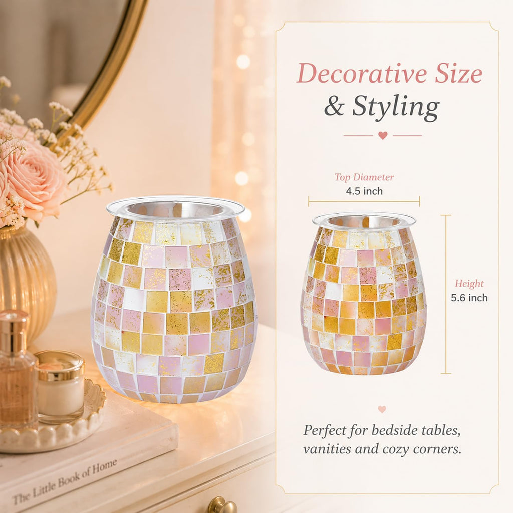Dicimi Pink Wax Warmer for Scented Wax, Mosaic Glass Wax Melt Warmer with Gold Leaf, Electric Wax Burner with Removable Tray, Flameless Night Light Aromatherapy Gift for Women