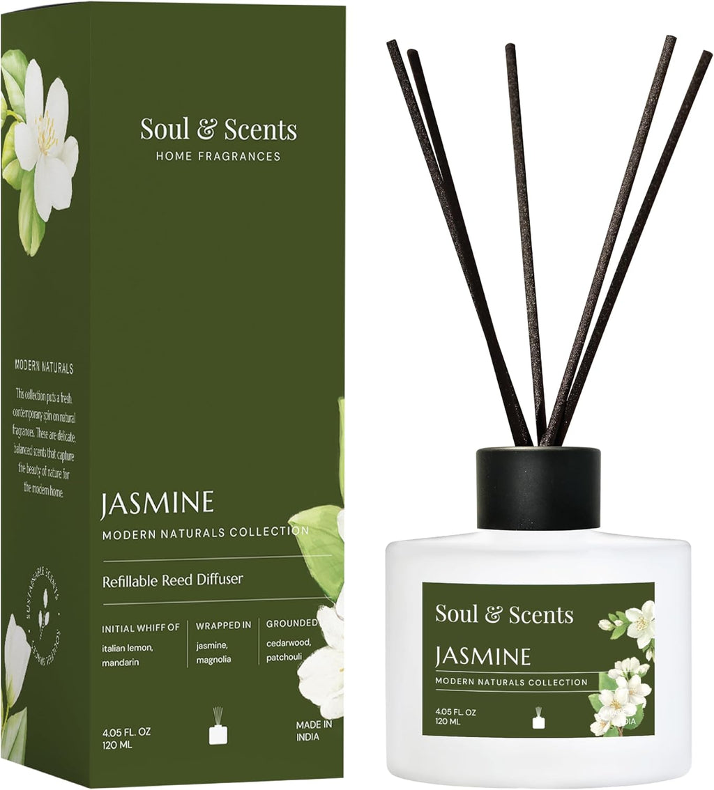 Soul & Scents Jasmine Scented 4.06 oz (120ml) Reed Diffuser Set with 6 Fiber Sticks for Room Decor | Home Fragrance Reed Diffuser | Air Freshners for Home