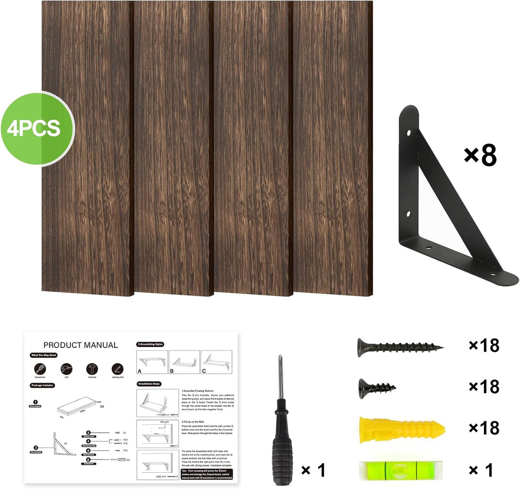 Fixwal Wall Floating Shelves for Home Decor (Brown, Set of 4, 16.5 Inch)