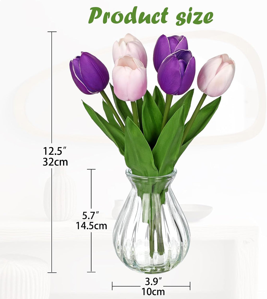 Faux Tulips Flowers Floral Arrangement - 6 Stems Artificial Flowers with Clear Glass Vase with Faux Water 12.5" Purple & Pink Bi-Color Fake Tulips Bouquet Centerpiece for Table Home Office Decor