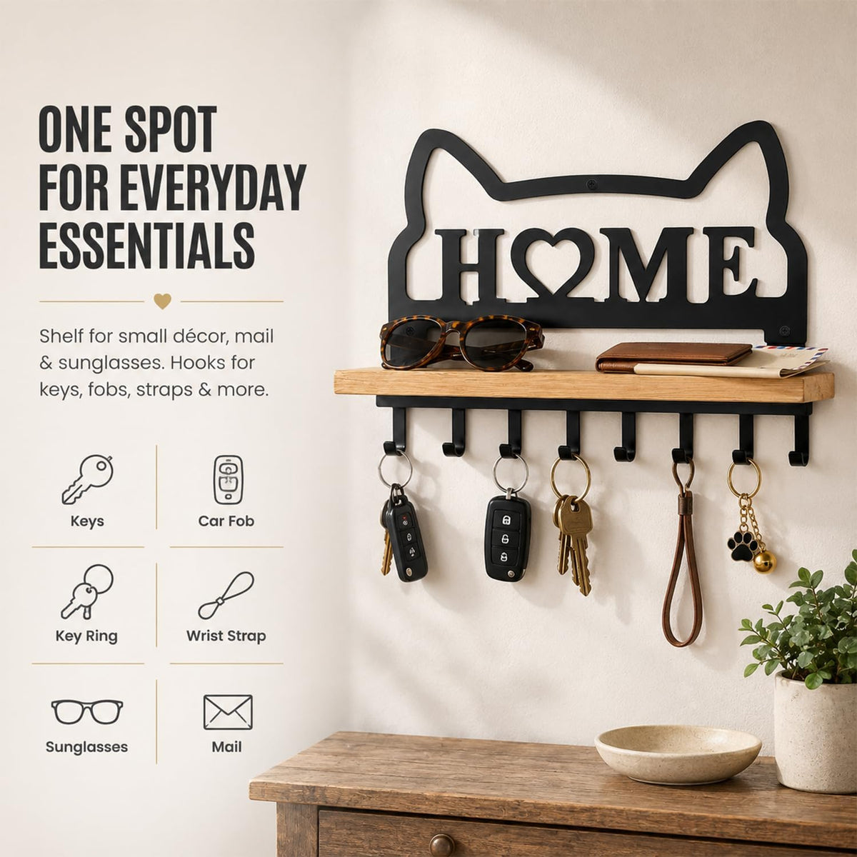 Cat Key Holder for Wall. Decorative Floating Wooden Shelf with 8 Metal Hooks, Wall Storage Rack for Entryway Hallway, Gift for Cat Lovers