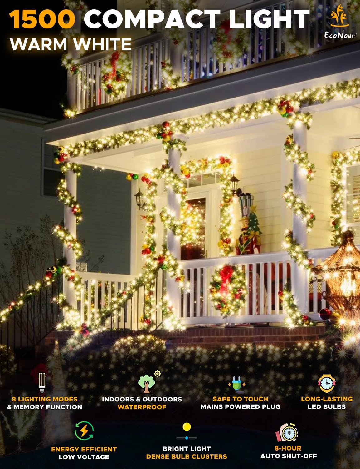 EcoNour Christmas Tree Lights, Cluster Compact 1500 LED Warm White