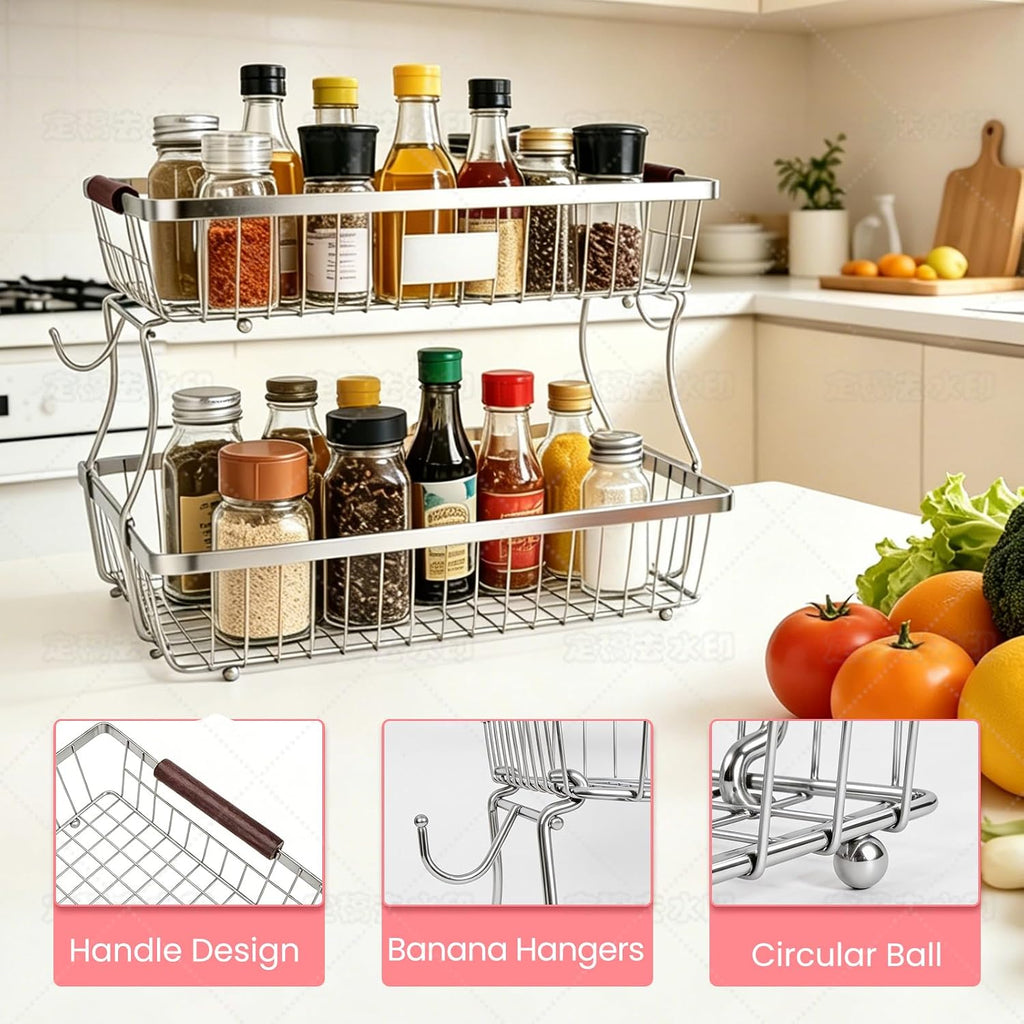2-Tier Stackable Wire Basket with 2 Banana Hooks, Pantry Organizer for Kitchen Countertops, Cabinets & Under-Sink Spaces; Ideal for Storing Snacks, Fruits, Veggies, Onions, Potatoes, & More,Chrome