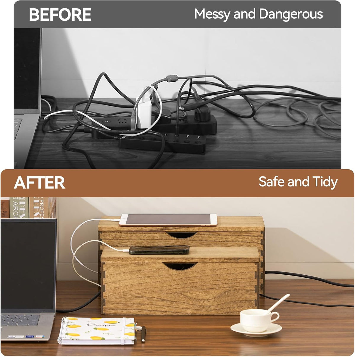 KIRIGEN Wooden Cable Management Box Set of 2, Cord Organizer, Brown