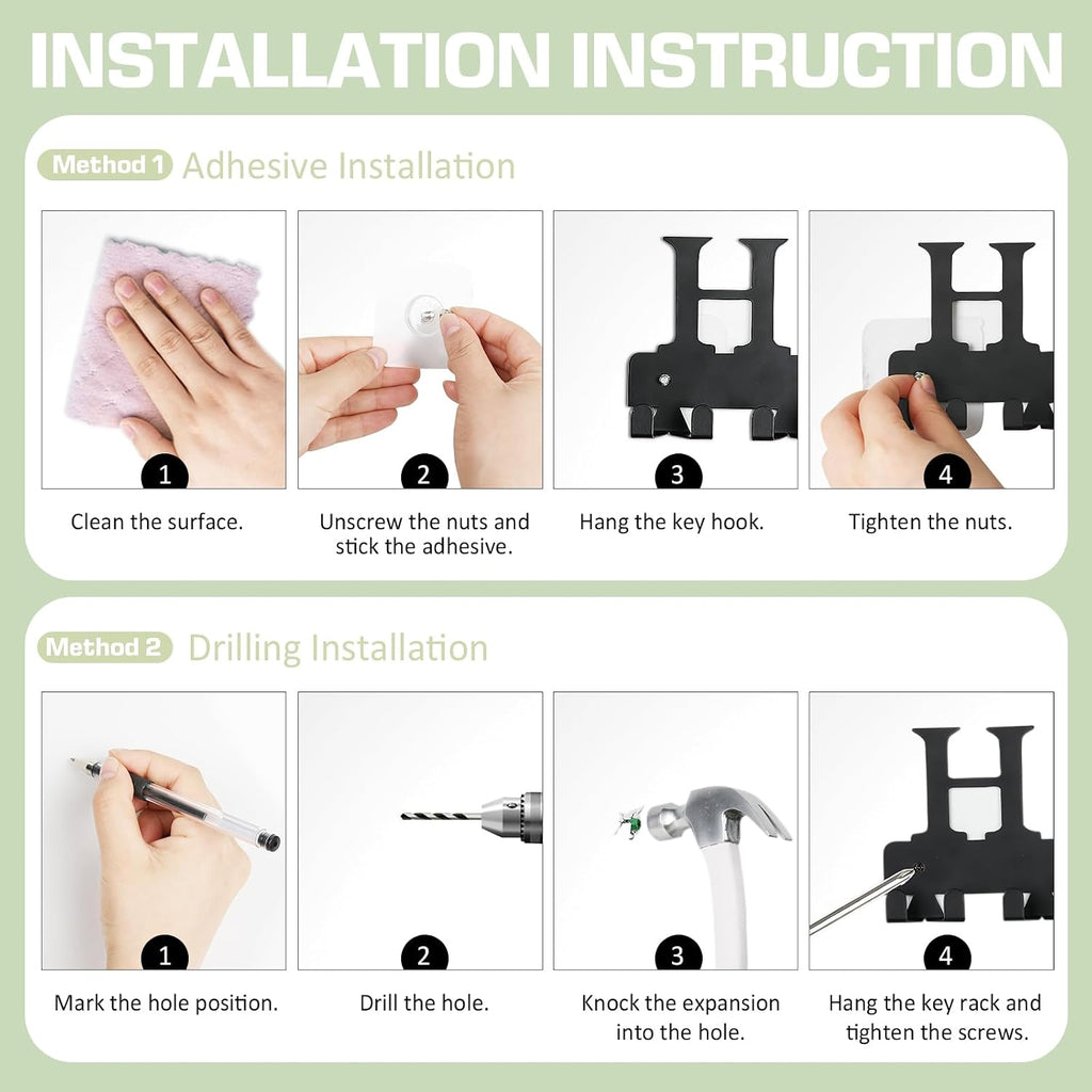 Key Holder Wall Mount, Adhesive Key Hanger with 12 Hooks, Black