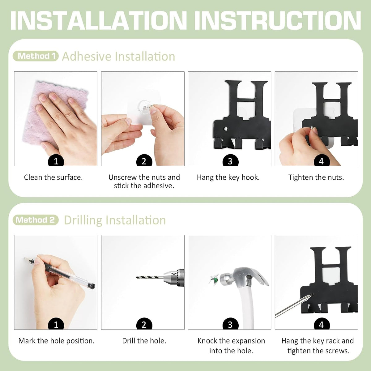 Key Holder Wall Mount, Adhesive Key Hanger with 12 Hooks, Black