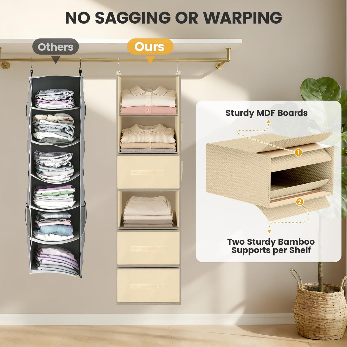 Hanging Closet Organizer 6-Shelf with 3 Drawers & Side Pockets, Closet Organizers and Storage for Dorm, Nursery & Wardrobe Organization, Hanging Shelf Clothes Organizer for Sweaters, Shoes, Beige