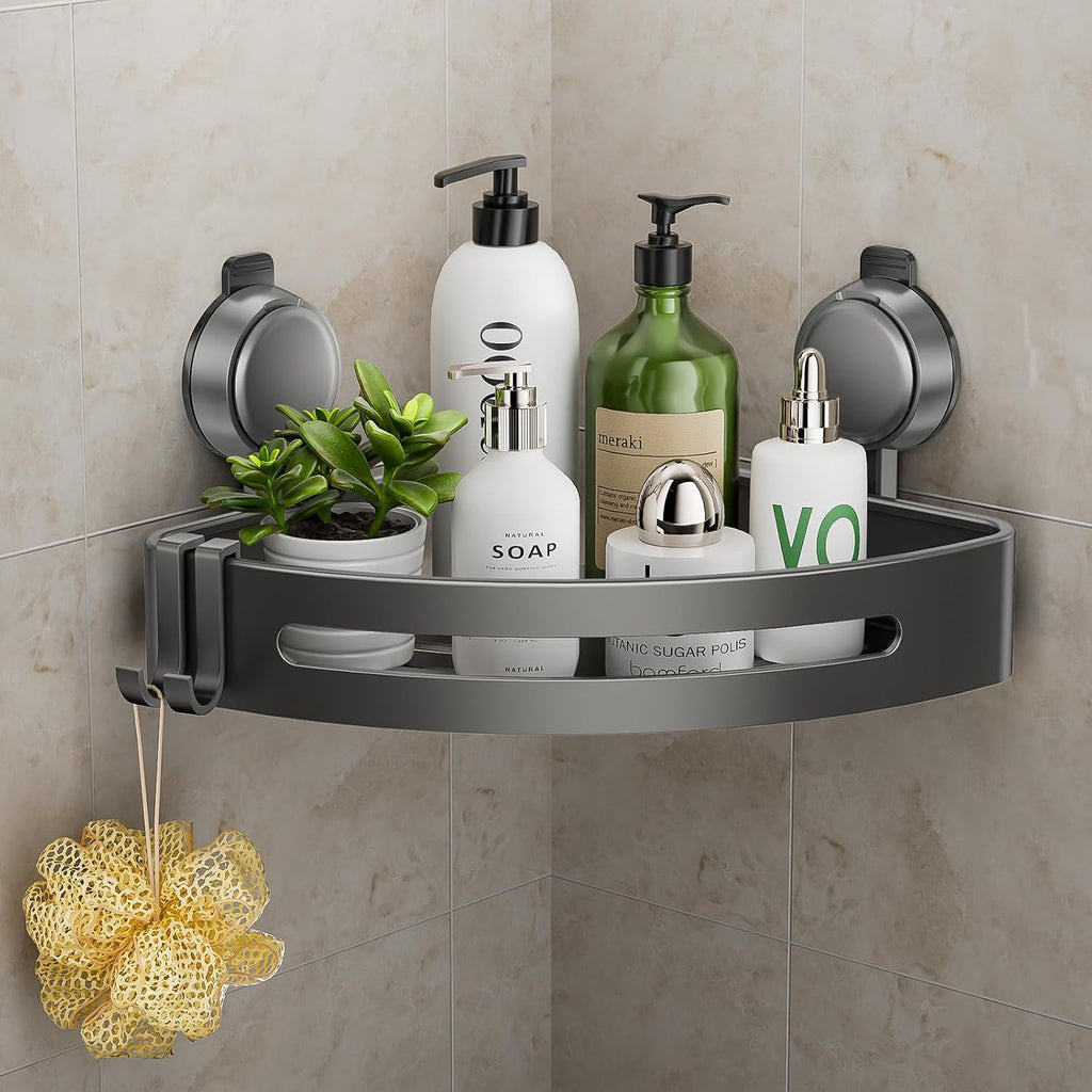 Corner Shower Caddy Suction Cup,Shower Shelves with Hooks,No Drilling Powerful Upgrade Suction Bathroom Corner Organizers and Storage,Removable Waterproof Rustproof Shower Shelf Bathroom Decor(1)