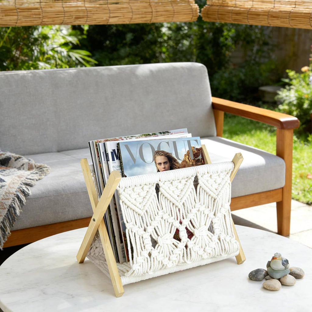 Boho Macrame Magazine Holder,Hand-Woven Magazine Rack for Home Office