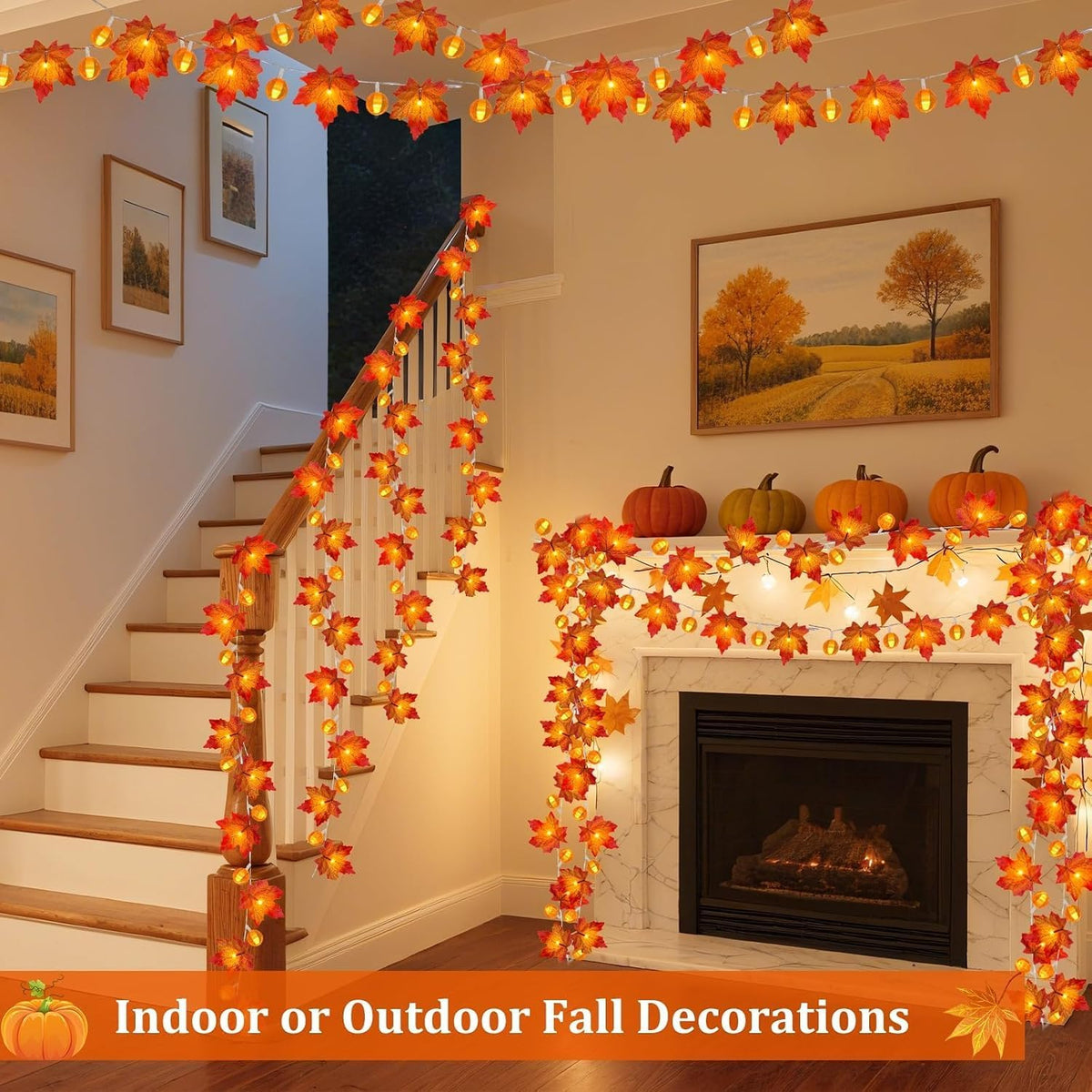 3 Pack Timer Fall Garland with Pumpkin Lights 30Ft 60LED Pumpkin Garland