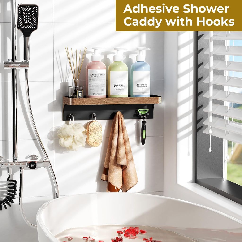 Shower Caddy Adhesive with 5 Hooks & Drainage, No-Drill, Wood