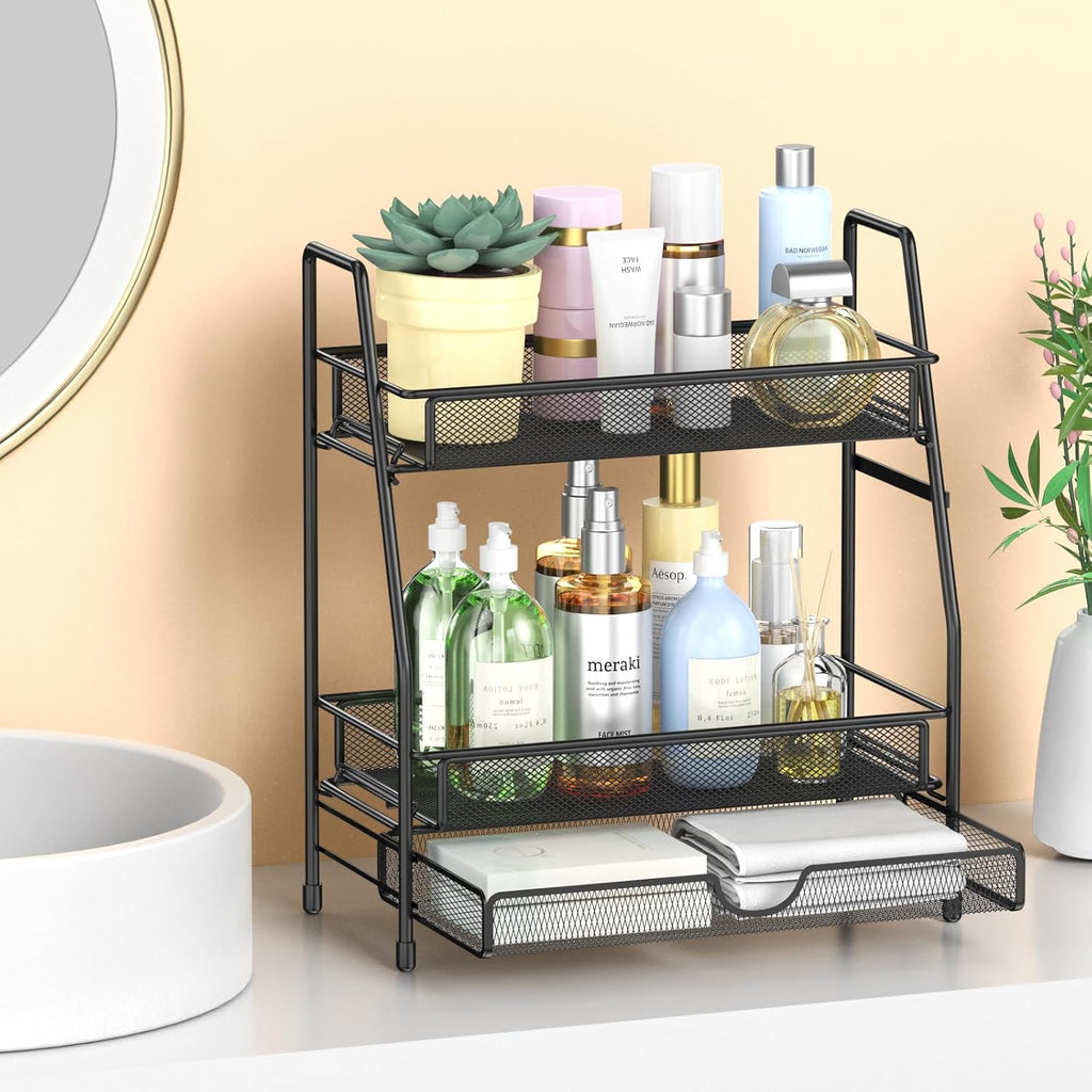 2-Tier Bathroom Counter Organizer with Drawer, Bathroom and Makeup Organizer Countertop, Easy to Install, Ideal for Bathroom organizer, Vanity, Large Skincare, Perfume, Present, and More,Black