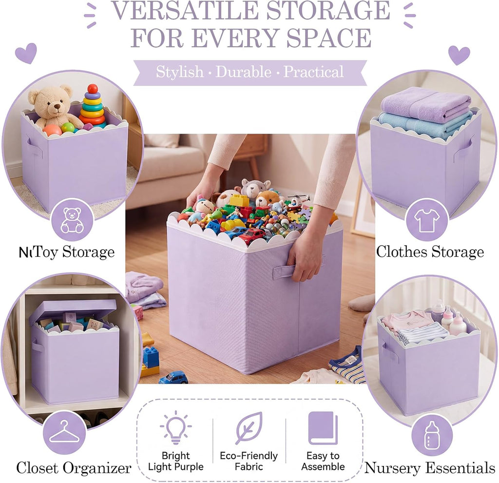 Yalikop 6 Pcs Purple Scalloped Cube Storage Bins 11 Inch Fabric Basket