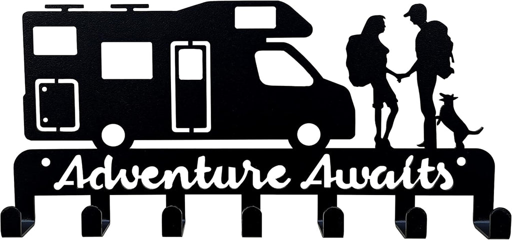 Metal Camper Key Holder, 7 Hooks, Wall Mounted Key Rack, Black, Rustic Style