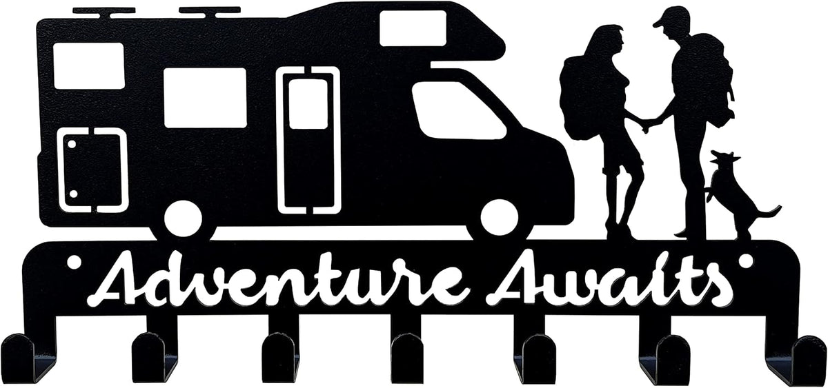 Metal Camper Key Holder, 7 Hooks, Wall Mounted Key Rack, Black, Rustic Style
