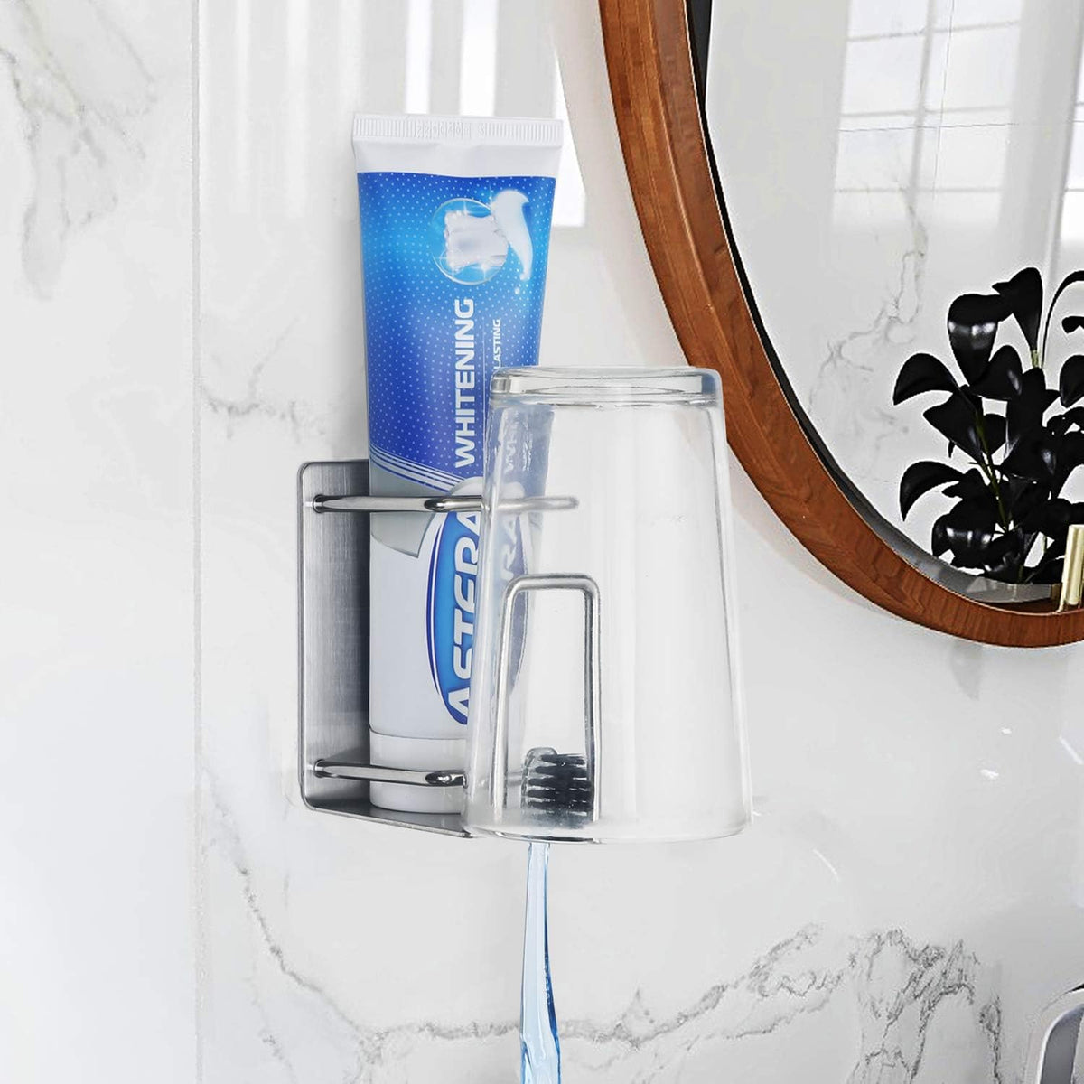 Toothbrush Holder Wall Mounted, Stainless Steel Bathroom Organizer for Electric Toothbrush, Toothpaste & Cup, No Drill Adhesive Shower Caddy (Silver,2 Pack)