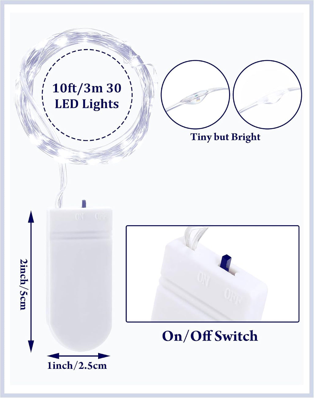 Riakrum 50 Pcs Christmas 10 ft White Battery Operated LED Fairy Light Decor
