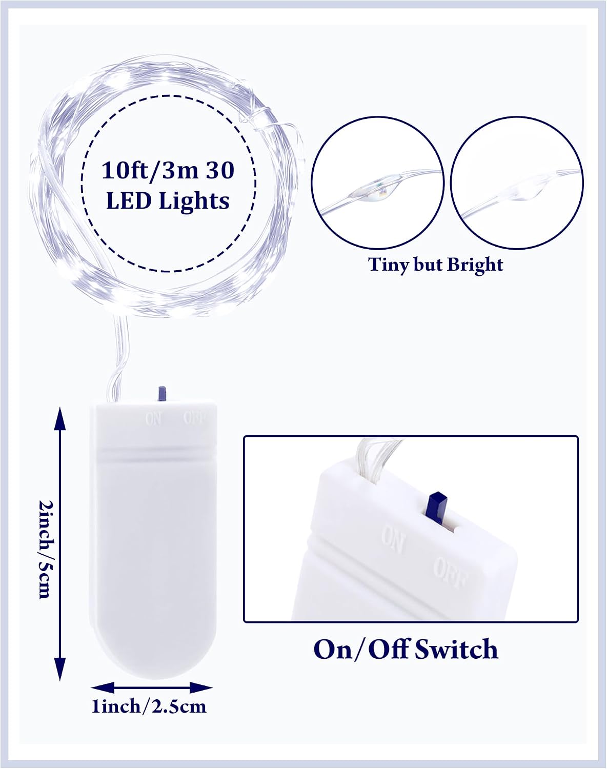 Riakrum 50 Pcs Christmas 10 ft White Battery Operated LED Fairy Light Decor