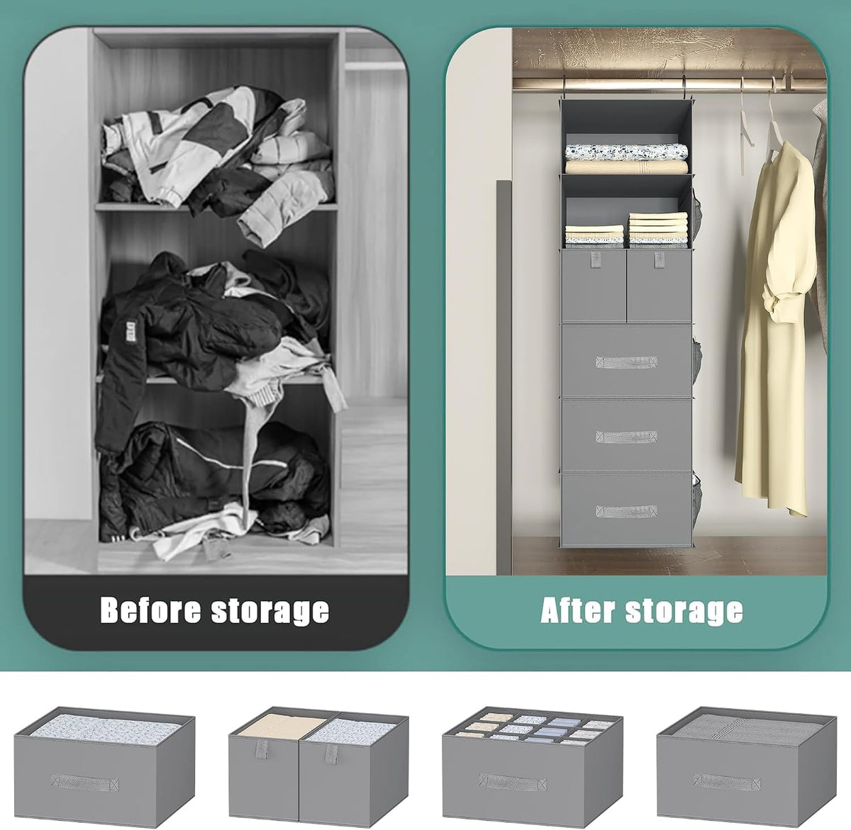 6-Shelf Hanging Closet Organizer with 5 Drawers, Non-Woven Storage, Gray
