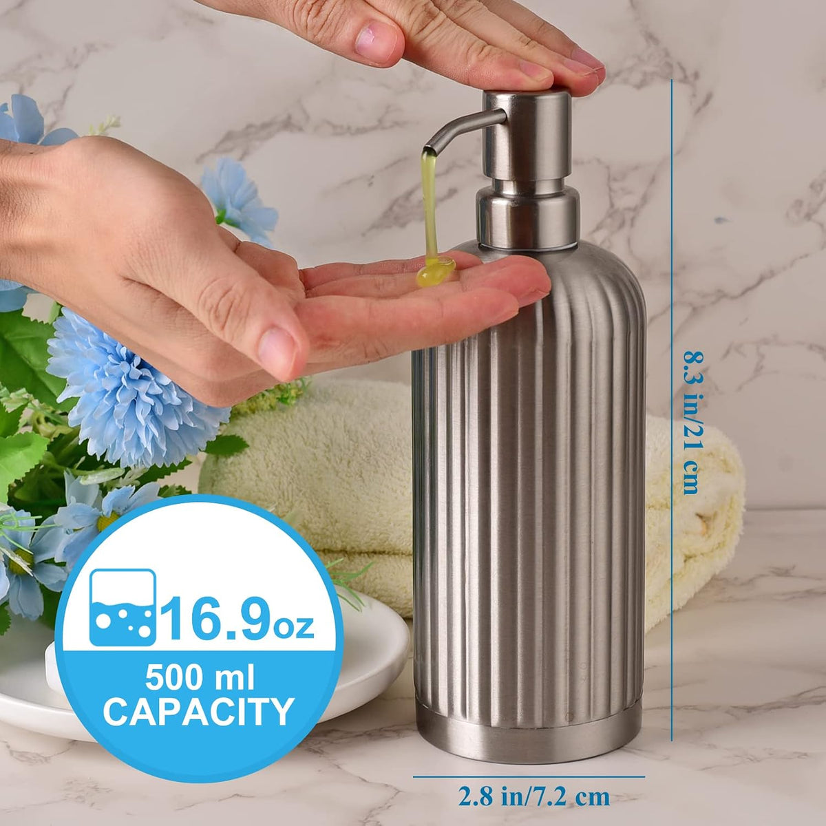 Countertop Soap Dispenser - Rust-Proof Roman Column Shaped Stainless Steel Bottle with Pump for Bathroom and Kitchen - 18 oz Brushed Nickel Liquid and Lotion Dish Soap Dispenser