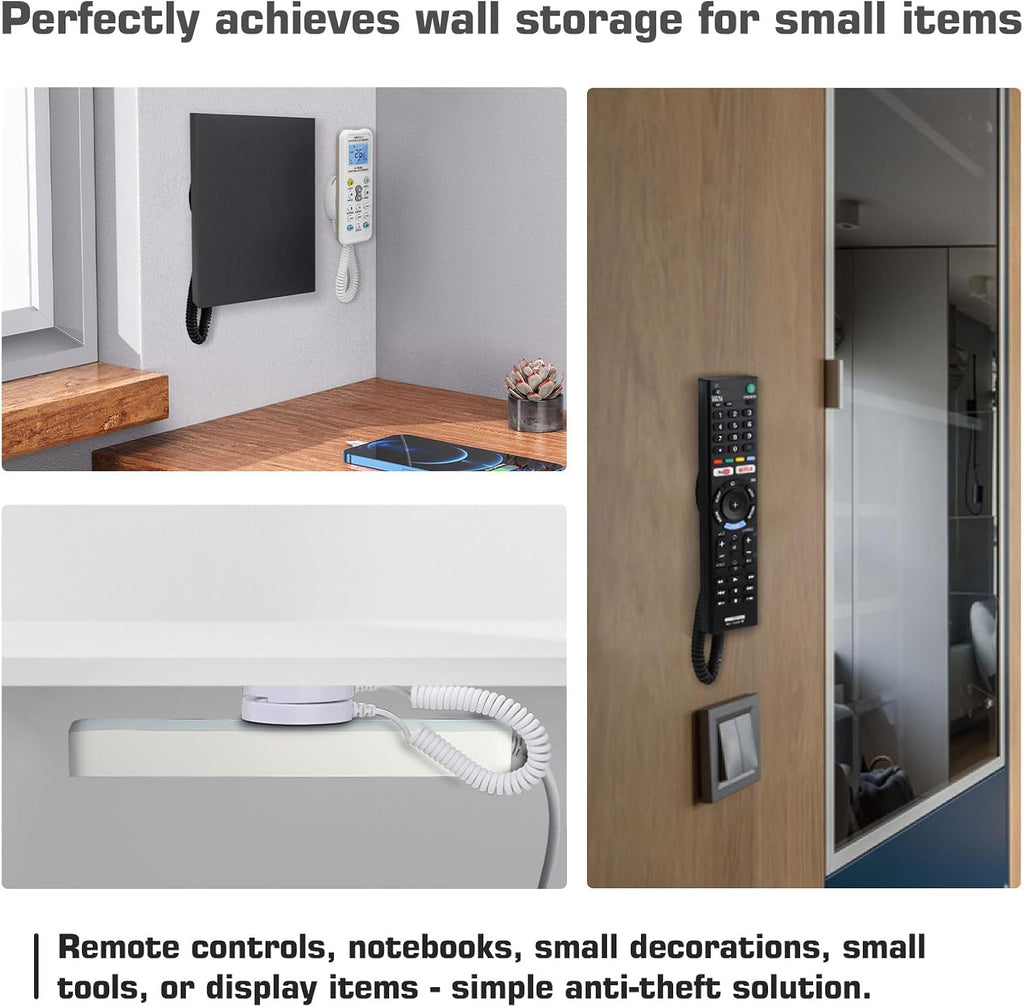 WALLFID 4-Pack Magnetic Remote Control Holders with Spring Ropes - Safely Secure Remotes & Small Items, Wall-Mount with Adhesive, Anti-Loss, Rapid Adsorption, Extendable Spring (White 70 inch，4 Pack)