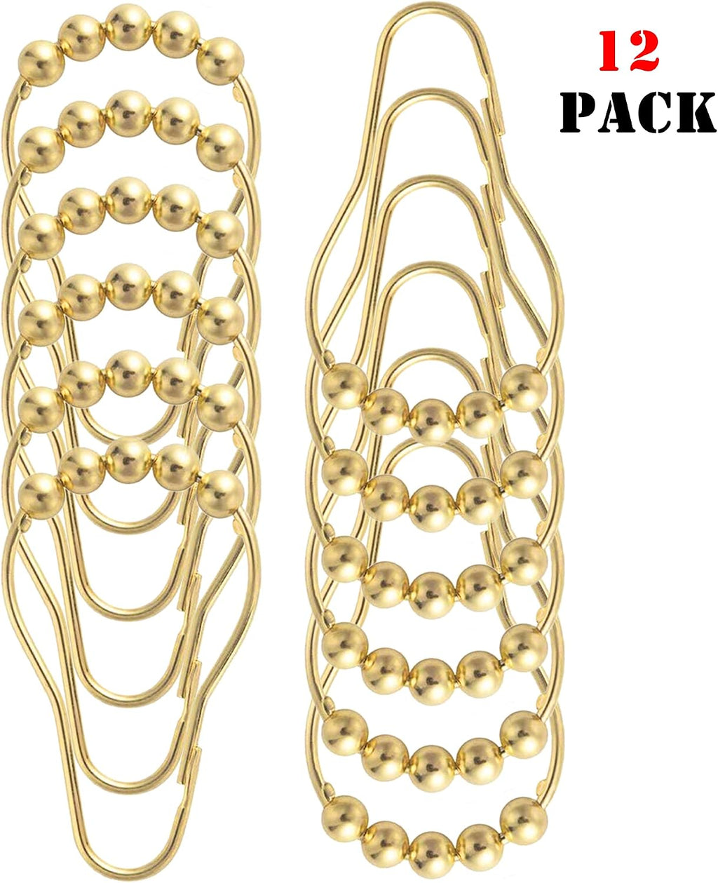 Shower Curtain Hooks Rings, Rustproof Metal Shower Curtain Rings for Bathroom Shower Rods Curtains - Set of 12, Golden