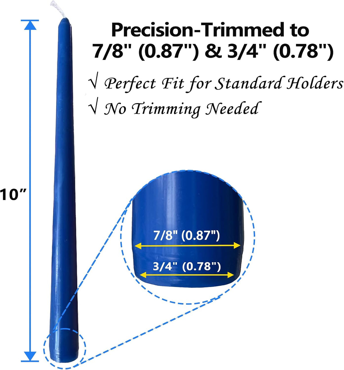 Blue Taper Candles, 12 Pack 7/8"x10" Dripless Unscented Candlesticks