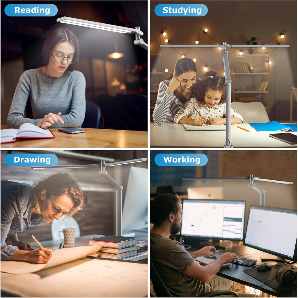 Airlonv LED Desk Lamp, Double Swing Arm Wide Lighting Area Desk Lamps for Home Office with Stepless Dimming, Eye-Caring Architect Desk Light with Clamp for Reading, Study, Workbench, (Grey)