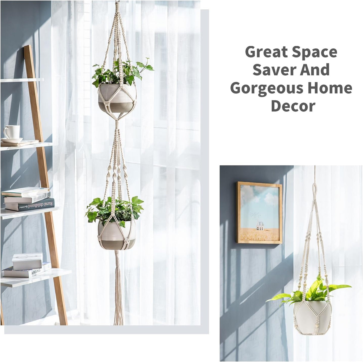 Mkono Macrame Plant Hangers Indoor Set of 4 Hanging Planter Basket Ivory
