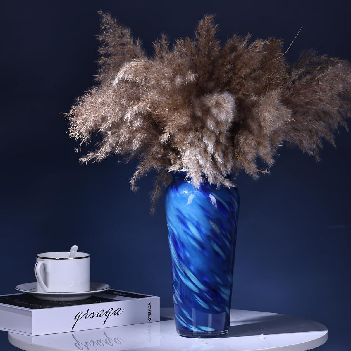 Blue Hand Blown Glass Vase – Tall Speckled Decorative Centerpiece in Murano Style for Dining Table, Coffee Table, Mantel, Entryway, or Bookshelf in Coastal or Modern Decor (Blue)