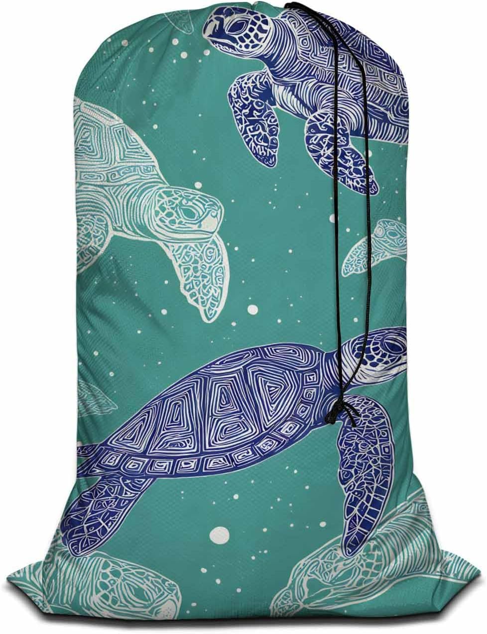 Swono Drawstring Laundry Bag Sea Turtles Sea Creature Sea Life Ocean Animal Underwater Blue Mandala Oversize Storage/Travel Bag for Home - Measures 28 x 40 Inches