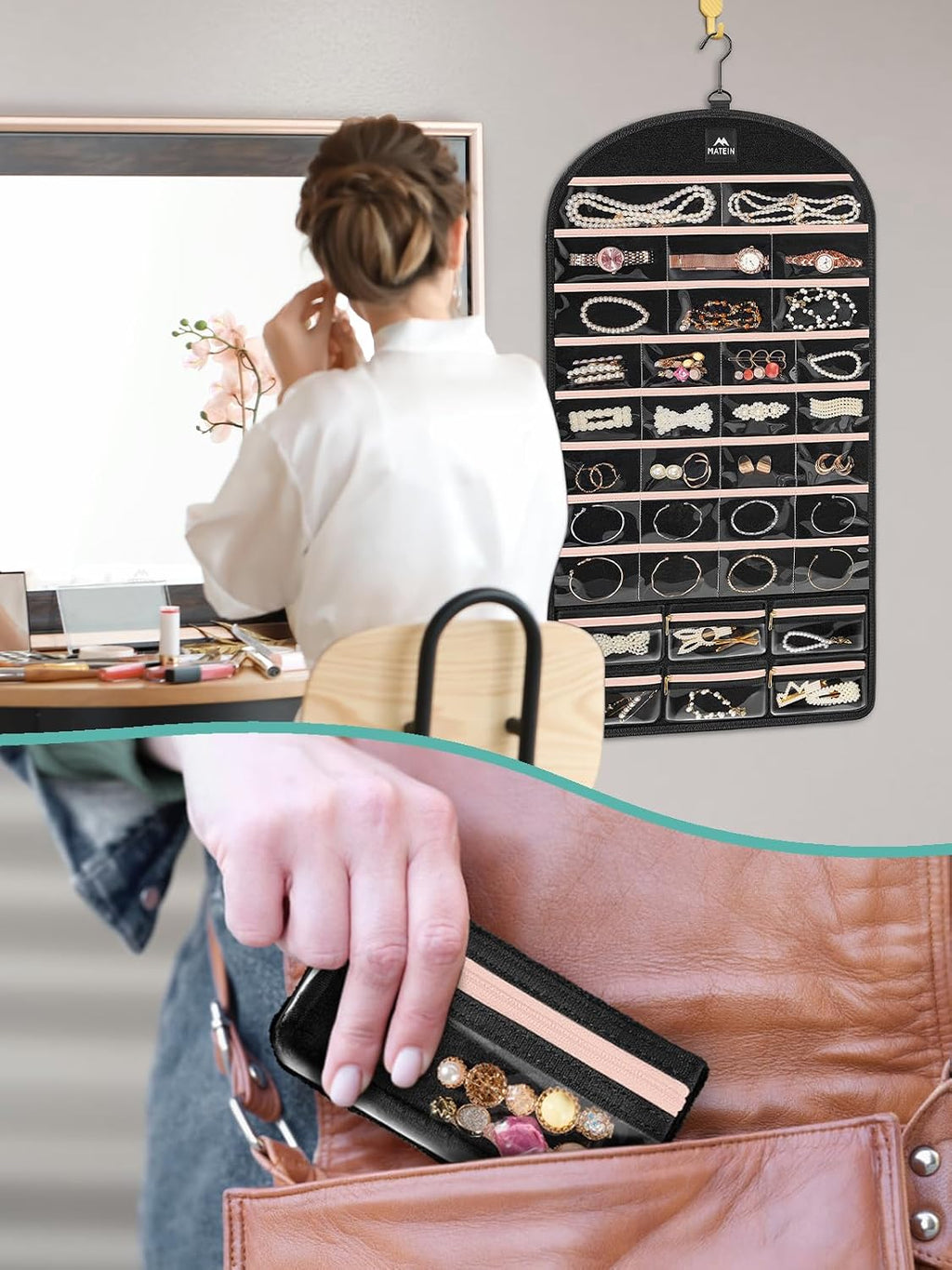 MATEIN Hanging Jewelry Organizer with Removable Zipper Jewelry Pouches