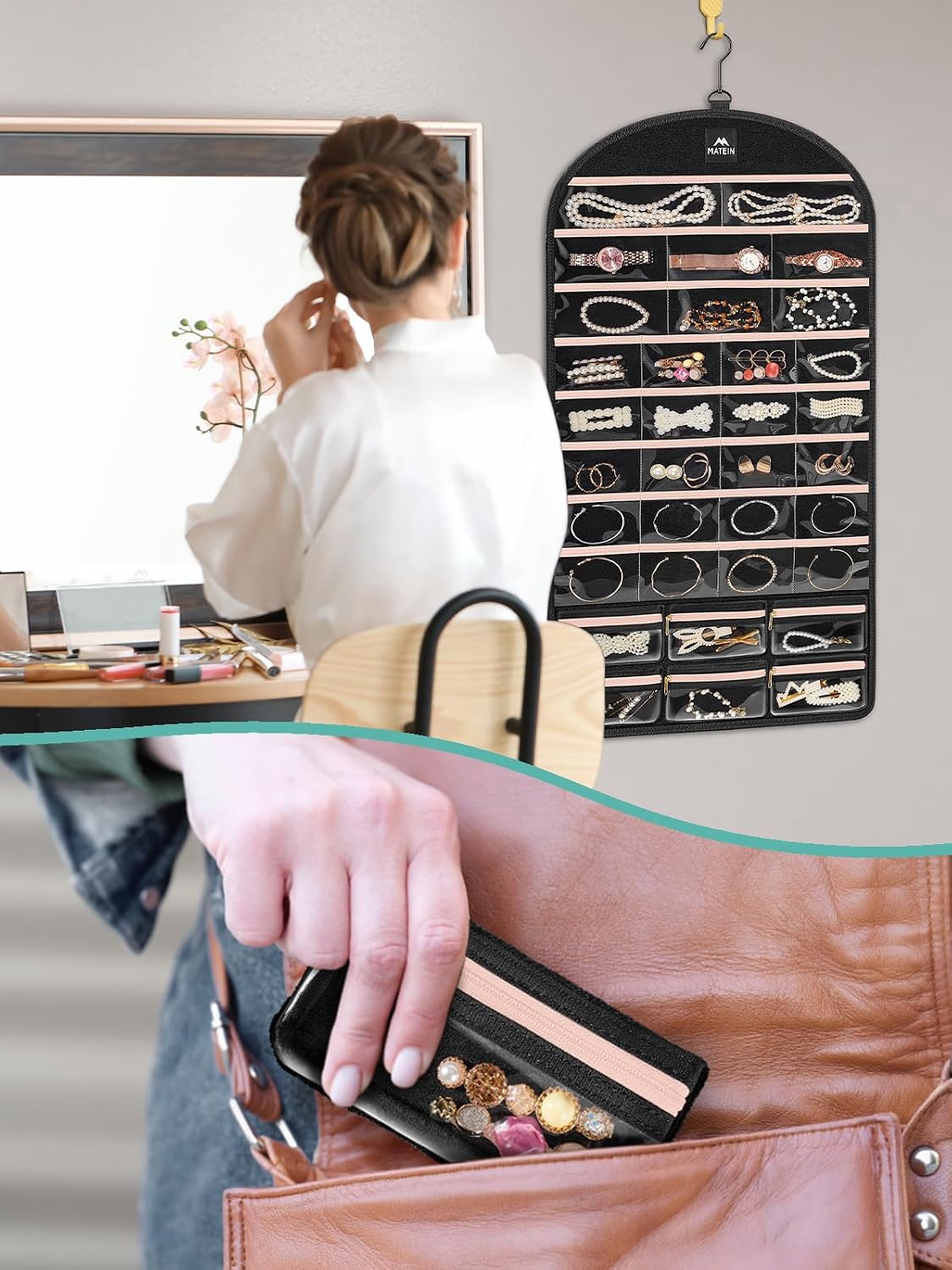 MATEIN Hanging Jewelry Organizer with Removable Zipper Jewelry Pouches